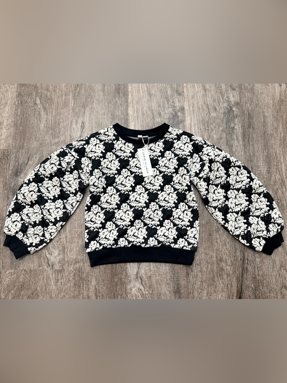 NWT Janie and Jack Girls Floral Jacquard Sweater Puffy Sleeve Black Ivory